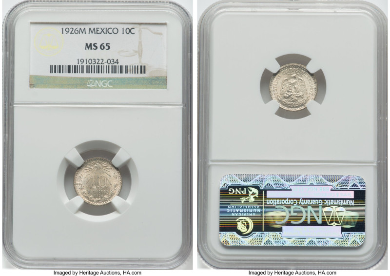 Estados Unidos 10 Centavos 1926-M MS65 NGC, Mexico City mint, KM431. A boisterou...