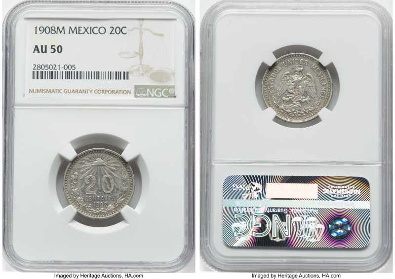 Estados Unidos 20 Centavos 1908-M AU50 NGC, Mexico City mint, KM435. An elusive ...