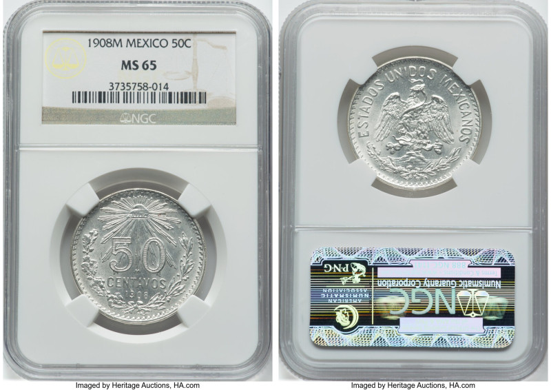 Estados Unidos 50 Centavos 1908-M MS65 NGC, Mexico City mint, KM445. A clear con...