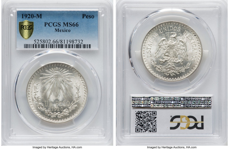 Estados Unidos Peso 1920-M MS66 PCGS, Mexico City mint, KM455. Tied for the penu...