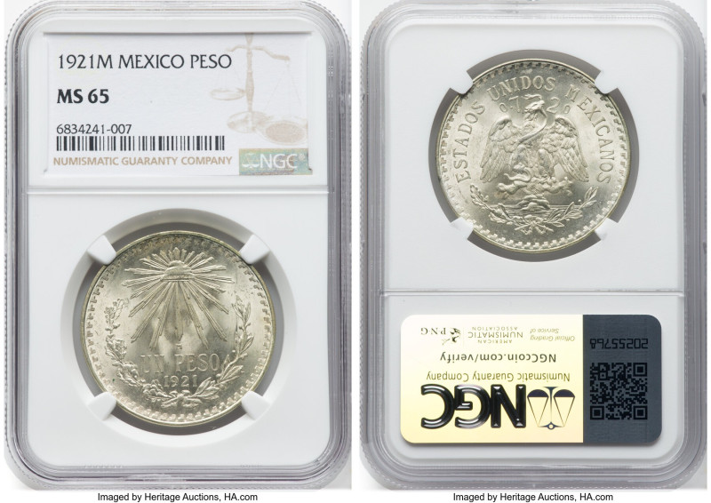 Estados Unidos Peso 1921-M MS65 NGC, Mexico City mint, KM455. Among the keys for...