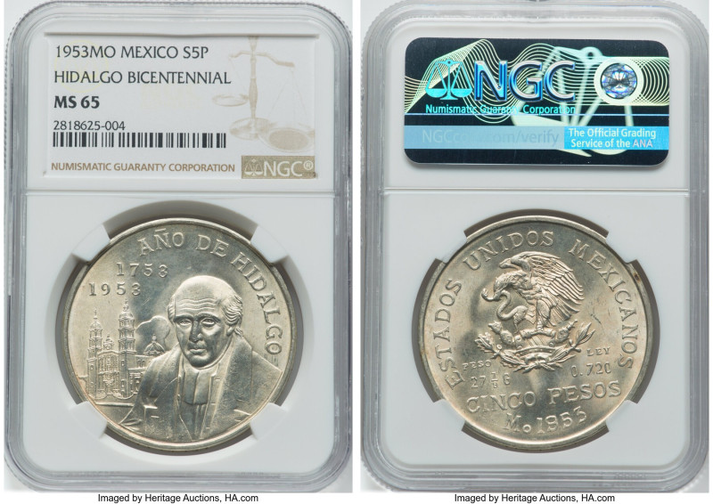 Estados Unidos "Hidalgo Bicentennial" 5 Pesos 1953 MS65 NGC, Mexico City mint, K...