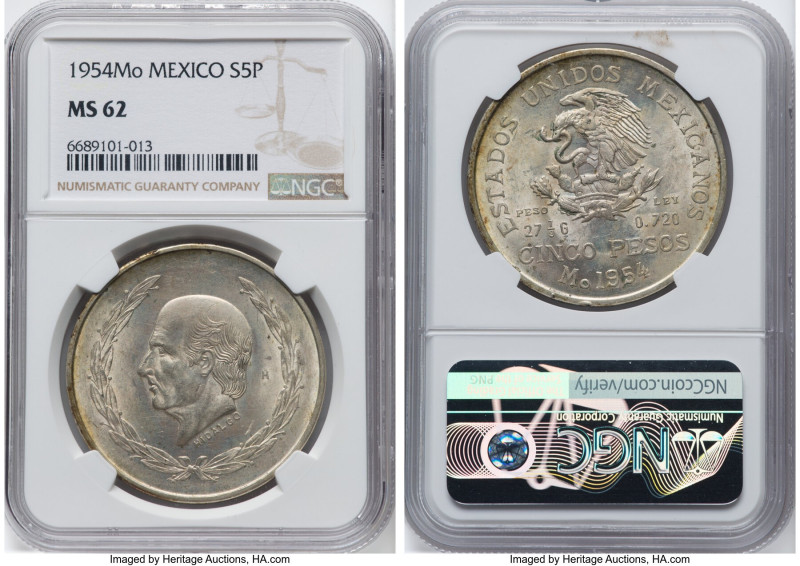 Estados Unidos "Hidalgo" 5 Pesos 1954-Mo MS62 NGC, Mexico City mint, KM467. HID0...