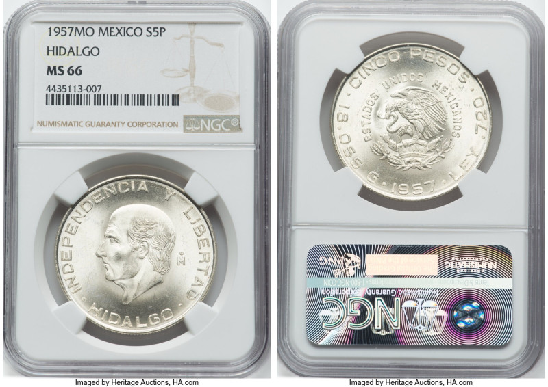 Estados Unidos "Hidalgo" 5 Pesos 1957 MS66 NGC, Mexico City mint, KM469. Tied fo...