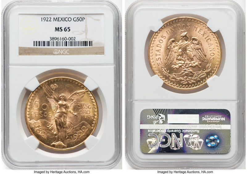 Estados Unidos gold 50 Pesos 1922 MS65 NGC, Mexico City mint, KM481, Fr-172. An ...