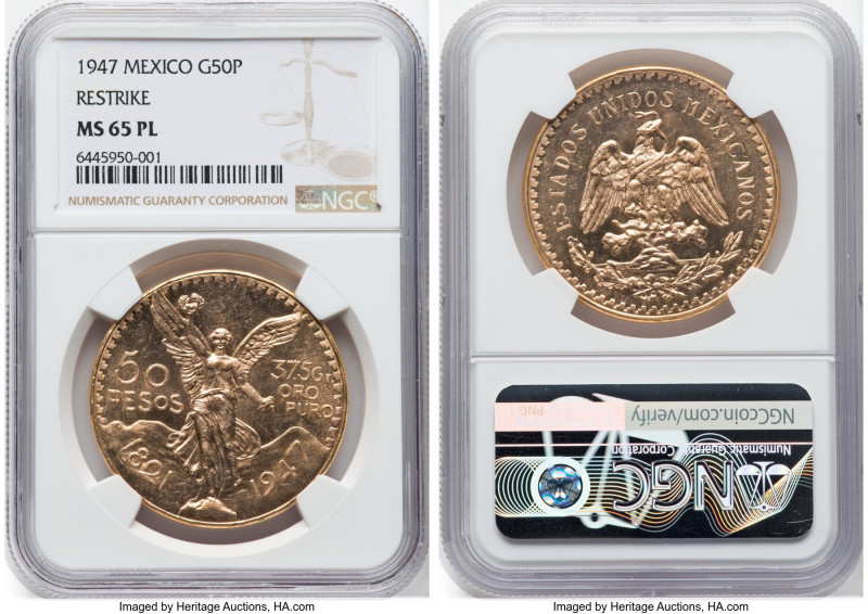 Estados Unidos gold Restrike 50 Pesos 1947 MS65 Prooflike NGC, Mexico City mint,...