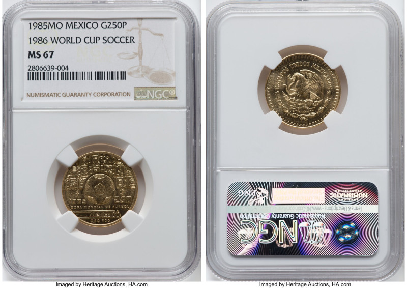 Estados Unidos gold "World Cup" 250 Pesos 1985-Mo MS67 NGC, Mexico City mint, KM...