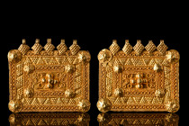 PAIR OF HELLENISTIC GOLD FILIGREE PENDANTS 

 Ca. 2nd half of the 3rd century BC
 A pair of gold filigree pendants, each composed of a rectangular-...