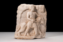 ROMAN MARBLE RELIEF PANEL

 Ca. 1st–2nd Century AD
 A marble panel featuring a relief scene of a male figure leading a subdued lion. The man is bar...