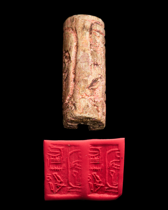 EGYPTIAN GLAZED STEATITE CYLINDER SEAL INSCRIBED WITH AMENEMHAT II

 Middle Ki...