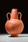 ROMAN REDWARE TWO-HANDLED FLASK

 Ca. 4th century AD
 A red slip pottery two-handled flask with a globular body sprigged with a gladiator and leopa...