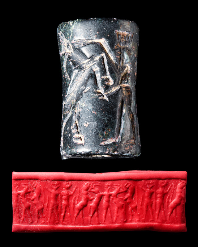 MESOPOTAMIAN BLACK STONE CYLINDER SEAL

 Ca. 2700-2300 BC
 A black stone cyli...