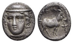 THRACE. Ainos. (Circa 400-350 BC).Diobol.

Obv : Head of Hermes facing slightly left, wearing petasos.

Rev : AINI.
Goat standing right; torch in fron...