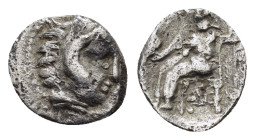 KINGS of MACEDON. Alexander III The Great.(336-323 BC).Babylon.Obol. 

Obv : Head of Herakles right, wearing lion skin.

Rev : AΛEΞANΔPOY.
Zeus seated...