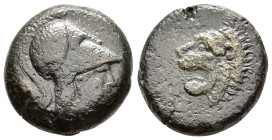 MACEDON ????.(2nd-1st centuries BC).Ae.

Obv : Head of Athena right, wearing crested Corinthian helmet.

Rev : Lion's head left.

Condition : Good ver...