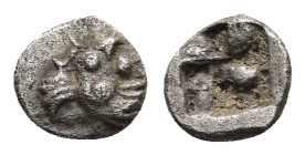 ASIA MINOR. Uncertain.(Circa 5th century BC).Hemiobol.

Obv : Head of calf right.

Rev : Rough incuse square punch.

Condition : Good very fine.

Weig...