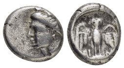 PONTOS. Amisos.(Circa 4th century BC).Drachm.

Obv : Head of Hera left, wearing mural crown.

Rev : Owl, with wings spread, standing facing on shield....