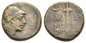 PONTOS. Amisos.(Circa 120-85 BC). Time of Mithradates VI Eupator.Ae.

Obv : Helmeted head of Ares right.

Rev : AMIΣOY.
Sword in scabbard; left, monog...