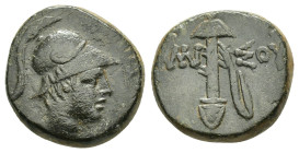 PONTOS. Amisos.(Circa 111-105 or 95-90 BC). Struck under Mithradates VI Eupator.Ae.

Obv : Helmeted head of Ares right.

Rev : AMI - ΣOV.
Sword in she...