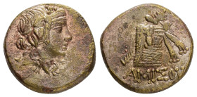 PONTOS.Amisos.Time of Mithradates VI.(Circa 105-90 or 90-85 BC).Ae.

Obv : Head of Dionysos right, wearing ivy wreath.

Rev : AMIΣOY.
Thyrsos leaning ...