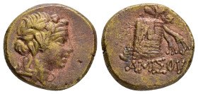 PONTOS.Amisos.Time of Mithradates VI.(Circa 105-90 or 90-85 BC).Ae.

Obv : Head of Dionysos right, wearing ivy wreath.

Rev : AMIΣOY.
Thyrsos leaning ...