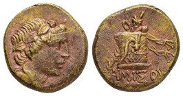 PONTOS.Amisos.Time of Mithradates VI.(Circa 105-90 or 90-85 BC).Ae.

Obv : Head of Dionysos right, wearing ivy wreath.

Rev : AMIΣOY.
Thyrsos leaning ...