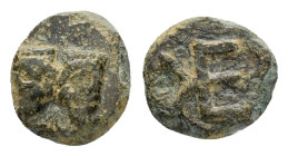TROAS. Kebren.(Circa 420-412 BC).Ae.

Obv : Confronted heads of two rams, with downward facing palmette between them.

Rev : KE.
Monogram.
SNG München...