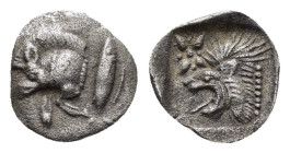 MYSIA.Cyzicus.(Circa 450-400 BC). Hemiobol.

Obv : Forepart of boar left; to right, tunny upward.

Rev : Head of roaring lion left; star to upper left...