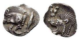 MYSIA.Cyzicus. (450-400 BC).Hemiobol.

Obv : Forepart of boar left; tunny to right; retrograde K on shoulder.

Rev : Head of roaring lion left; facing...