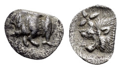 MYSIA.Cyzicus.(Circa 450-400 BC). Hemiobol.

Obv : Forepart of boar left; to right, tunny upward.

Rev : Head of roaring lion left; star to upper left...