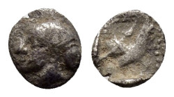 LESBOS. Methymna.(450-400 BC).Hemiobol.

Obv : Head of nymph left, wearing sakkos and earring.

Rev : Cock walking right, crescent above; within dotte...