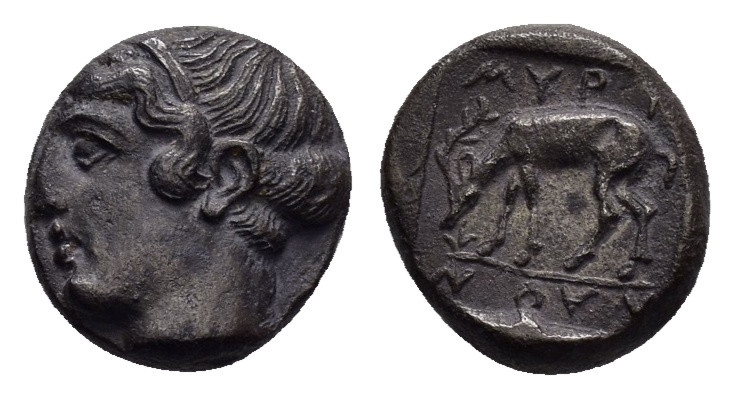 AEOLIS. Myrina.(4th century BC). Diobol. 

Obv : Head of Nymph left.

Rev : MYPI...