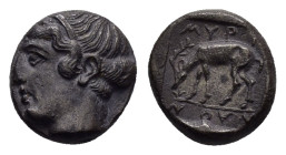 AEOLIS. Myrina.(4th century BC). Diobol. 

Obv : Head of Nymph left.

Rev : MYPINAIΩN.
Stag grazing left.
NY Sale XVII (1/2008), lot 77.

Condition : ...