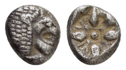 IONIA. Miletos.(6th-5th centuries BC).Obol.

Obv : Forepart of lion left, head right.

Rev : Stellate floral design, with M replacing one of the flora...