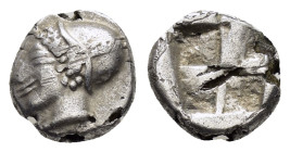 IONIA. Phokaia.(Circa 521-478 BC).Diobol.

Obv : Archaic head of Athena left.

Rev : Quadripartite incuse punch.
SNG Kayhan 522.

Condition : Good ver...