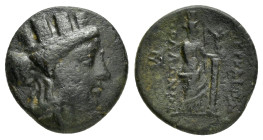 IONIA. Smyrna.(Circa 170-145 BC).Ae.

Obv : Turreted head of Tyche right.

Rev : ΣΜΥΡNAIΩN AΠOΛΛΩNIΔHΣ.
Aphrodite Stratonikis right, elbow on short co...