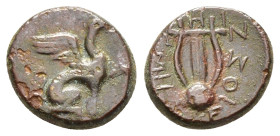 IONIA. Teos.(Circa 210-190 BC).Ae.

Obv : Griffin seated right, forepaw raised.

Rev : THIΩN ΠOΛYΘΡOYΣ.
Lyre.

Condition : Good very fine.

Weight : 2...