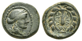 LYDIA. Sardes.(2nd-1st centuries BC).Ae.

Obv : Laureate head of Apollo right.

Rev : ΣAPΔIA / NΩN.
Club right within wreath; monogram to right.
SNG C...