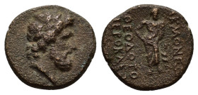 PHRYGIA. Acmoneia.(1st century BC).Ae.

Obv : Laureate head of Zeus right.

Rev : AKMONE MHNOΔO ΣIΛΛΩN.
Asklepios standing facing, resting on serpent-...