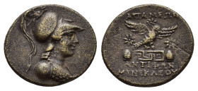 PHRYGIA.Apameia.(Circa 133-48 BC).Ae.

Obv : Helmeted bust of Athena right, wearing aegis.

Rev : ANTIΦΩN / MENEKΛEOYΣ.
Eagle landing right on maeande...