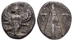 CARIA. Kaunos (Circa 410-390 BC). Stater.

Obv : Winged female figure in kneeling/running stance left, head right, holding kerykeion and wreath

 Rev ...