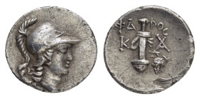 CARIA. Kaunos.(Circa 166-100 BC). Hemidrachm.

Obv : Helmeted head of Athena right.

Rev : ΦΑ - ΡΟC / K - AV.
Sword in scabbard; grape bunch to lower ...