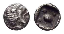 CARIA. Mylasa.(Circa 420-390 BC).Tetartemorion.

Obv : Forepart of lion left, head reverted.

Rev : Bird standing left; two pellets in field.
SNG Kayh...