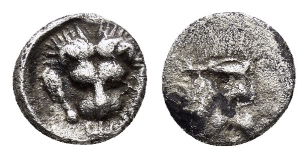 CARIA. Mylasa.(Circa 420-390 BC). Hemiobol.

Obv : Facing head of lion, with leg...