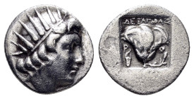 CARIA. Rhodes.(Circa 190-170 BC).Drachm.

Obv : Radiate head of Helios right.

Rev : ΔΕΞΑΓOPAΣ/ P - O.
Rose with bud to right, bow in case; all within...