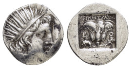 CARIA. Rhodes.(Circa 188-170 BC).Drachm.

Obv : Radiate head of Helios right.

Rev : P - O.
Rose with bud to right, prow to left.

Condition : Good ve...