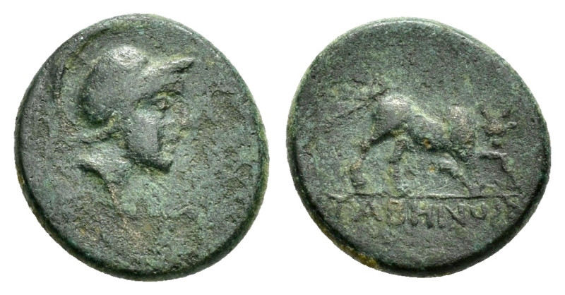 CARIA. Tabai.( Circa 168-81 BC).Ae. 

Obv : Head of young warrior right in crest...