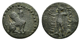 PAMPHYLIA. Perge.(Circa 260-230 BC).Ae.

Obv : Sphinx seated right, wearing kalathos.

Rev : ИANAΨAΣ / ΠPEIIAΣ.
Artemis standing left, holding wreath ...