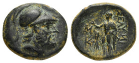 PAMPHYLIA. Sillyum.(Circa 300-200 BC).Ae.

Obv : Helmeted head of Ares right.

Rev : ΣΕΛΥΝΙΥΣ M K.
Male standing left, holding right arm up; thunderbo...