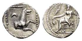 LYCAONIA. Laranda.(Circa 324/3 BC). Obol.

Obv : Baal seated left on throne, holding grain ear, grape bunch and sceptre.

Rev : Forepart of wolf right...